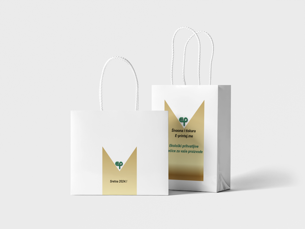 Dvije papirnate vrećice s ručkicama različitih dimenzija s tiskom naljepnice s logom i porukom