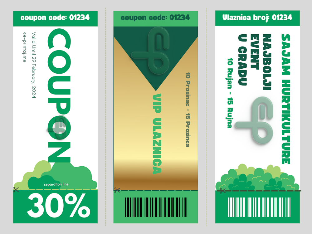 Otisnuta VIP ulaznica i kupon od 3o% za kupovinu na svijetloj pozadini