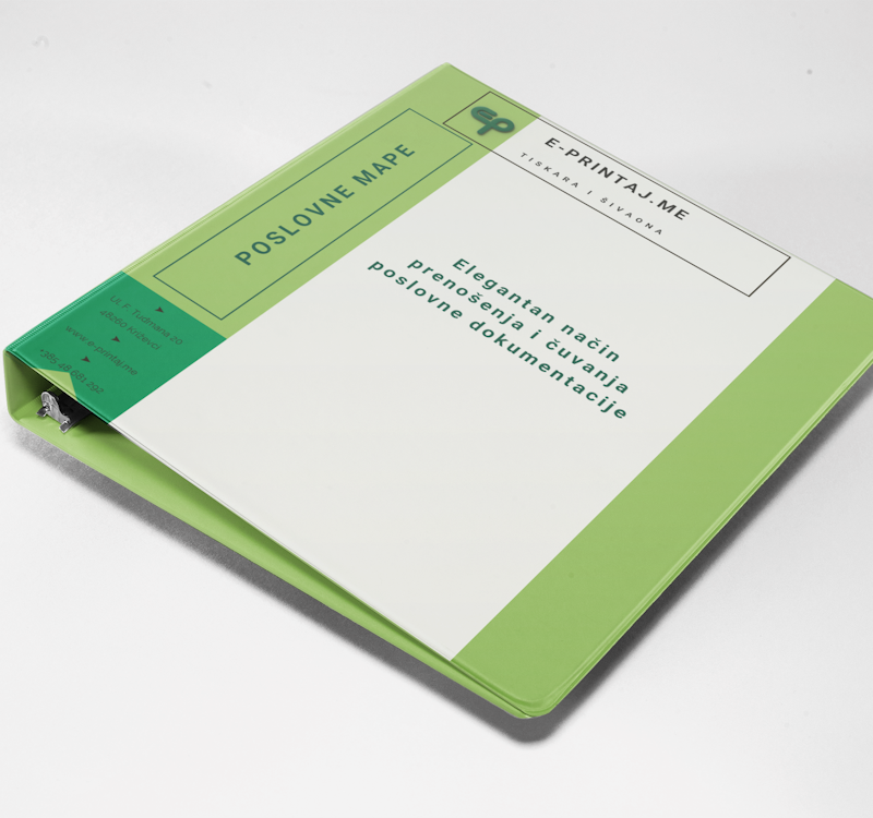 Poslovna mapa za papirne dokumente s pritisnim mehanizmom u zelenoj boji s logom na svijetloj pozadini