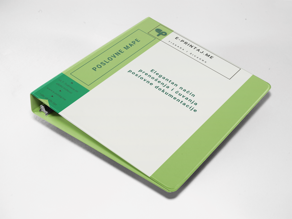 Poslovna mapa za papirne dokumente s pritisnim mehanizmom u zelenoj boji s logom na svijetloj pozadini