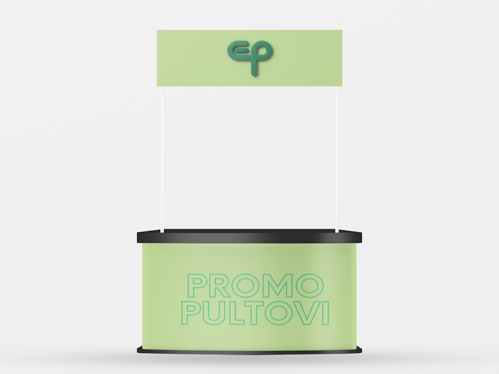 Promo pult u zelenoj boji s tiskom loga i usluge na svijetloj pozadini