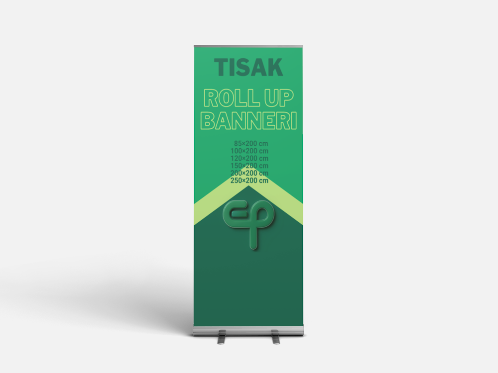 Samostojeći roll up banner s tiskom usluge na zelenoj pozadini stoji u svijetlom okruženju