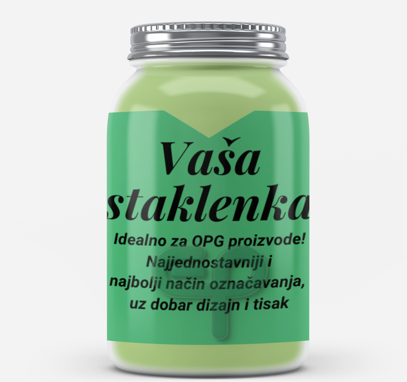 Staklenka zatvorena sa sadržajem i custom made naljepnicom za označavanje proizvoda