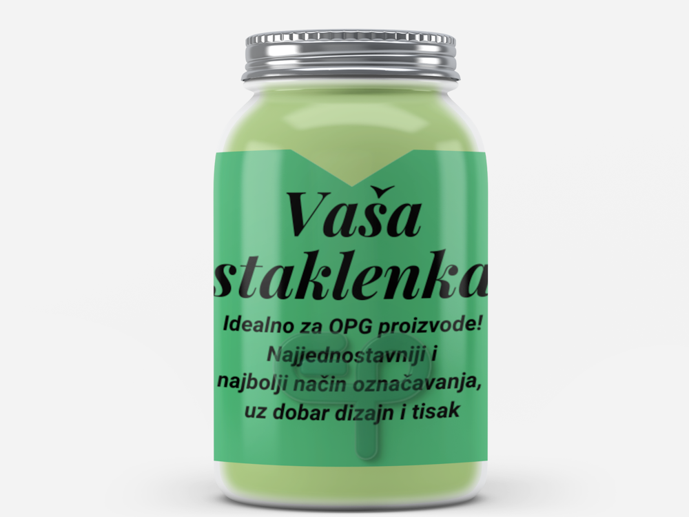 Staklenka zatvorena sa sadržajem i custom made naljepnicom za označavanje proizvoda