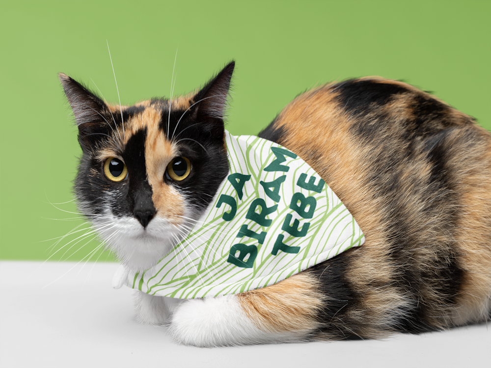 Mačka u sjedećem položaju oko vrata ima maramu za kućne ljubimce s zelenim krivuljama na uzorku i natpisom